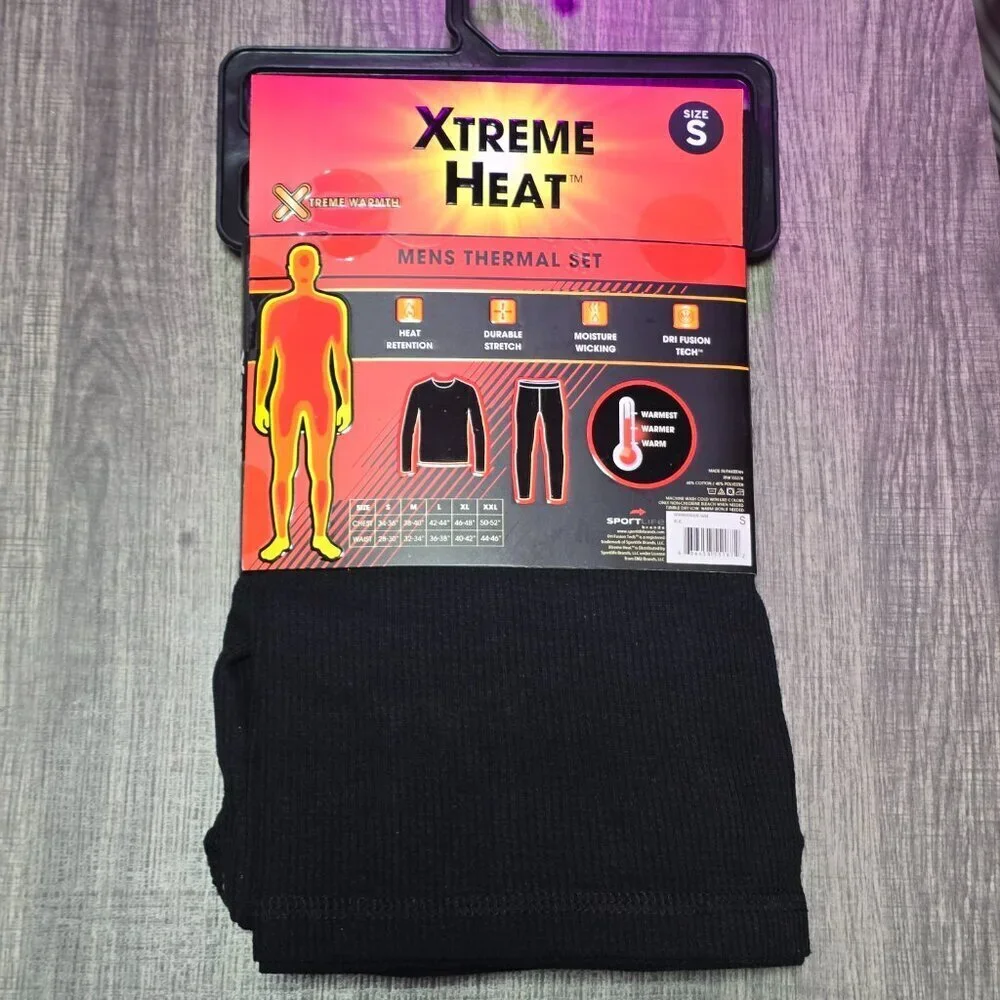 Xtreme Heat Mens Thermal Underwear Set Insulated Shirt & Long Johns, Black Small